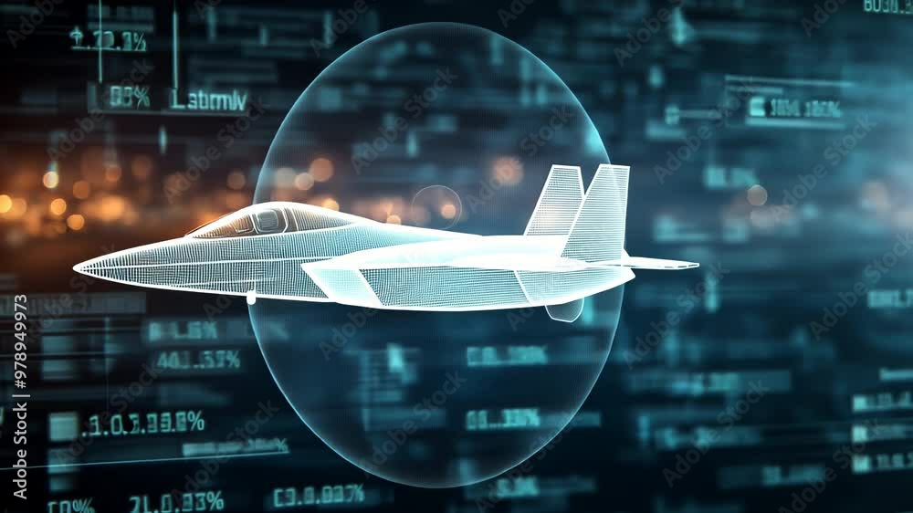 Futuristic 3D hologram of fighter jet surrounded by glowing data streams and digital interface, advanced military technology concept. Virtual reality simulation showcasing aerospace engineering