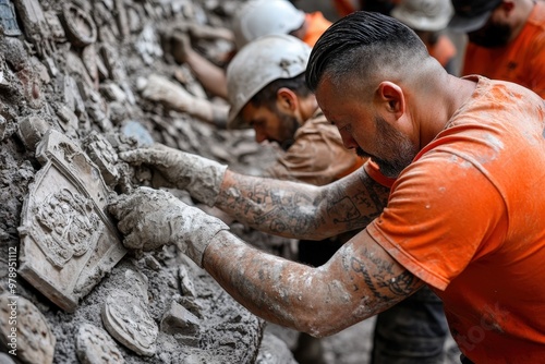 A man with prominent tattoos is meticulously working on a wall featuring historical carvings, showcasing intricate details and deep focus in a partially lit environment. photo