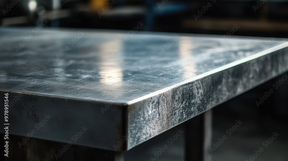 Obraz premium Close-up of a workbench in a warehouse, highlighting the textured metal surface and sheen under industrial lighting. No logos or people present.