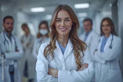 A confident female doctor stands in the foreground with a team of medical professionals in a hospital corridor during the daytime