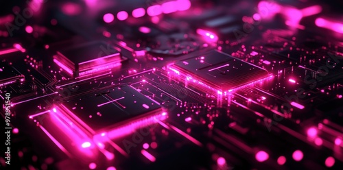 Pink Neon Lights Illuminate a Circuit Board