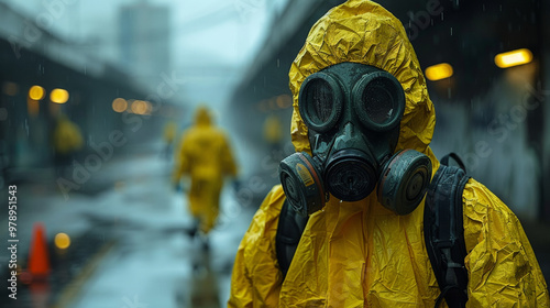 Man in Hazmat Suit in Rain