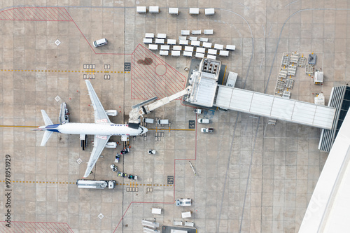 Canelones, Uruguay - 08 June 2023: Aerial view of Aeropuerto de Carrasco with airplanes on the runway and terminal, Canelones, Uruguay.
