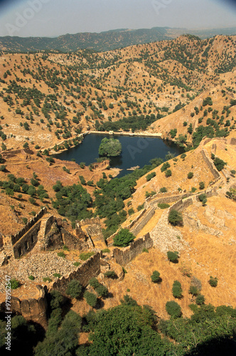 Aerial view of sagar in aravalli, amber fort, jaipur, rajasthan, india photo