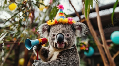 Playful koala celebrating a joyful birthday party. photo