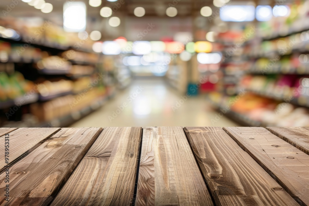 Empty wood table top with supermarket blurred background for product display Empty wood table top with supermarket blurred background for product display