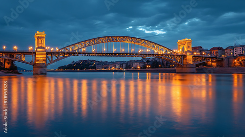City skyline framed by iconic arched bridge