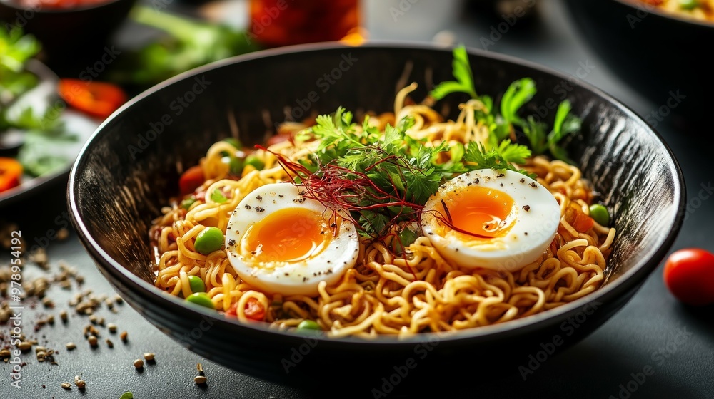 Luxury Instant Noodle Dish in a High-End Restaurant Setting with Gourmet Presentation Luxury Instant Noodle Dish in a High-End Restaurant Setting with Gourmet Presentation