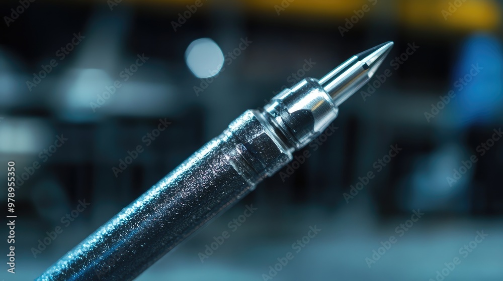 Naklejka premium Metal screwdriver close-up in a warehouse, the textured surface and sheen catching the industrial lighting. Focus on the tip, no logos or people included.