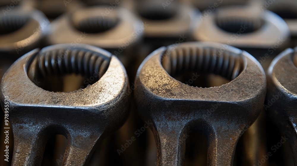 Metal wrenches close-up in a warehouse, the textured surface and sheen catching the industrial lighting. Focus on material, no logos or people included. Metal wrenches close-up in a warehouse, the textured surface and sheen catching the industrial lighting. Focus on material, no logos or people included.