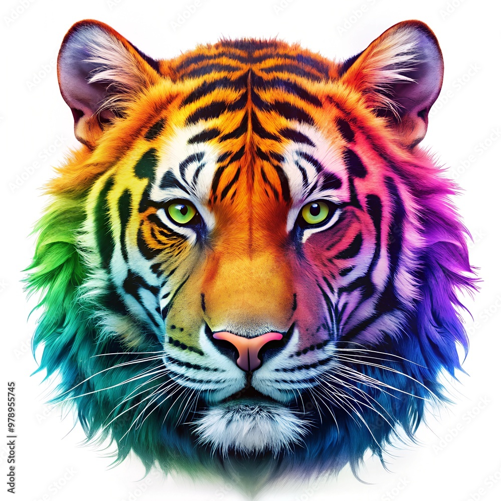 Fototapeta premium Tiger portrait in rainbow colors on a white background