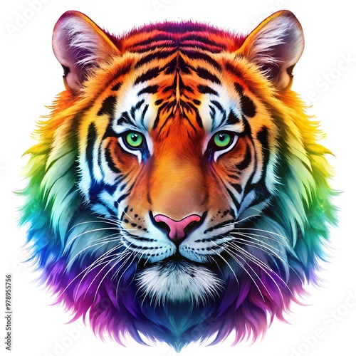 Tiger portrait in rainbow colors on a white background