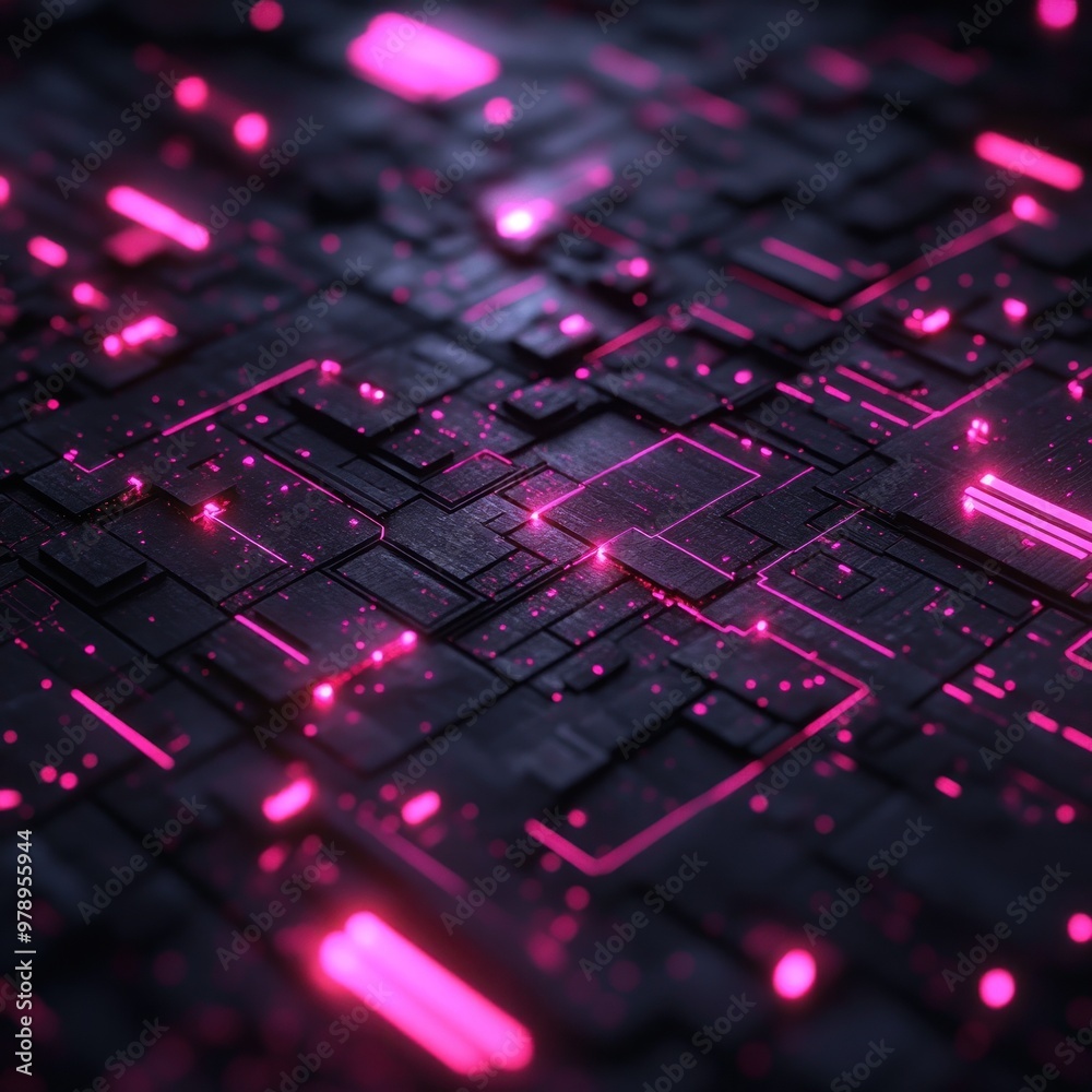 Abstract Black Surface with Glowing Pink Lines and Dots Abstract Black Surface with Glowing Pink Lines and Dots