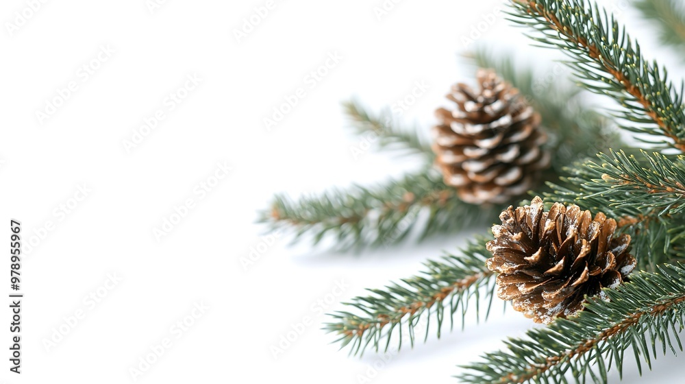 Christmas Pine Branch. Close-up of Spruce Twig with Cones on White Background Christmas Pine Branch. Close-up of Spruce Twig with Cones on White Background