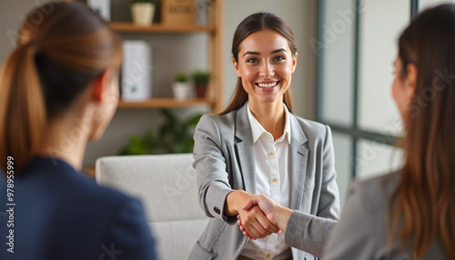 Happy young professional business woman handshaking client at meeting, female hr recruiter at job interview, insurance agent, lawyer at contract deal, project deal 