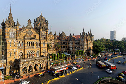 Aerial view of Victoria Terminus VT now Chhatrapati Shivaji Terminus CST railway station, Bombay Mumbai, Maharashtra, India UNESCO World Heritage