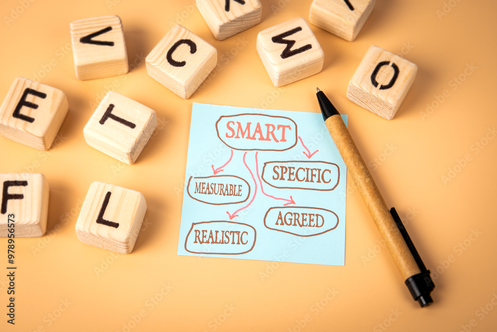 SMART Concept. Specific Measurable Agreed Realistic. Notepad and wooden alphabet letters on a light background SMART Concept. Specific Measurable Agreed Realistic. Notepad and wooden alphabet letters on a light background