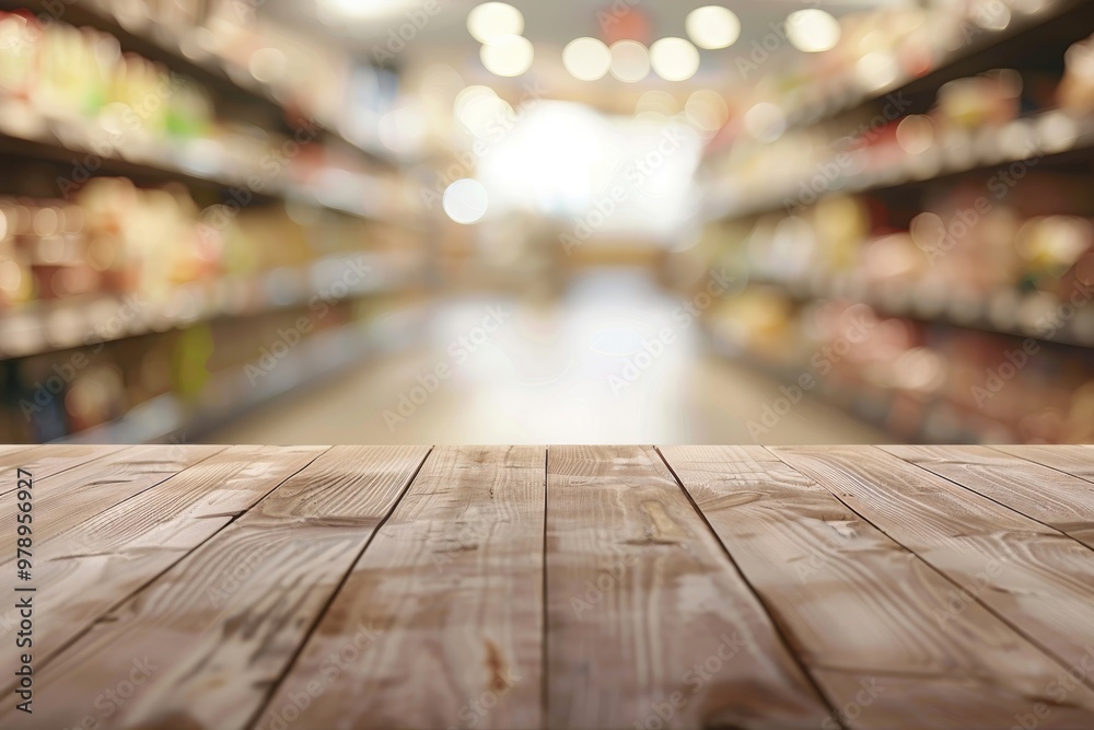 Empty wood table top with supermarket blurred background for product display Empty wood table top with supermarket blurred background for product display