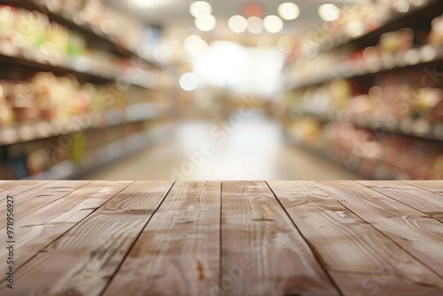 Empty wood table top with supermarket blurred background for product display