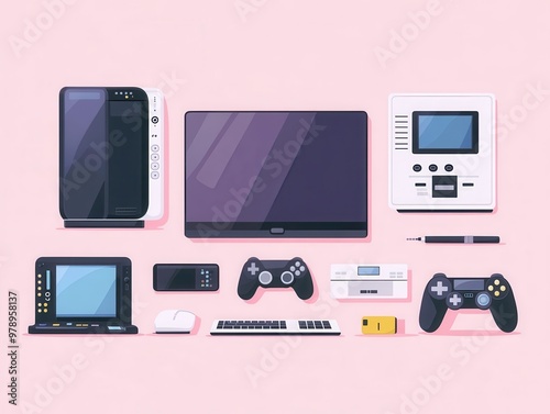 Retro Gaming Console Set Flat Design Illustration