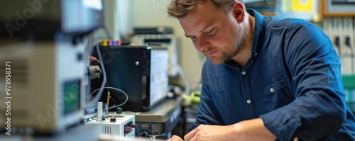 A focused male technician working diligently on repairing complex electronic machinery in a lab.