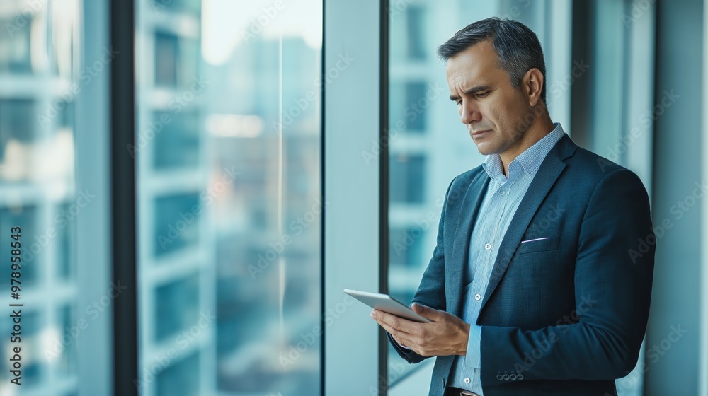 A businessman standing by a large office window, holding a tablet with a tired expression
