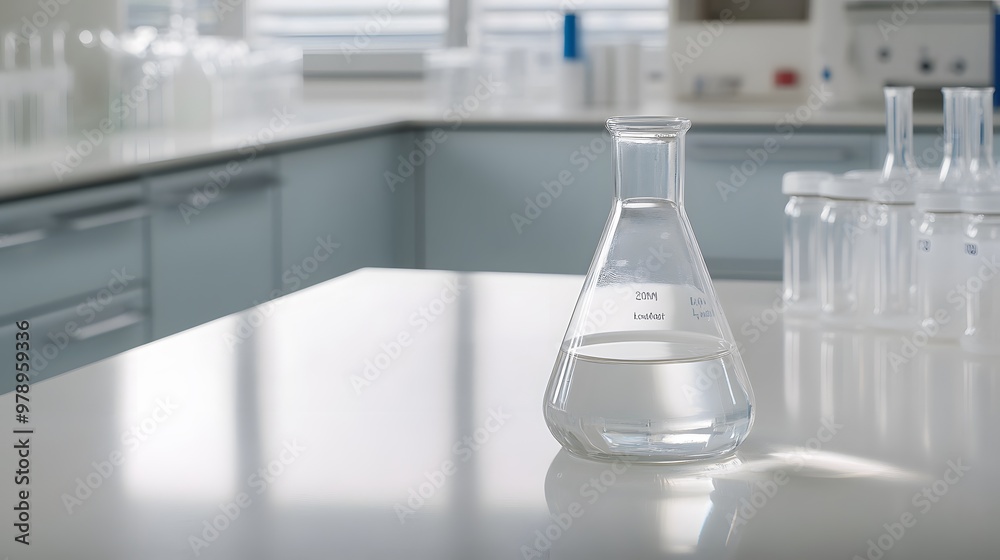 Close-up of glass beaker with clear liquid and floating indicator showing high lead levels, set on white countertop with copy space for text or design. Close-up of glass beaker with clear liquid and floating indicator showing high lead levels, set on white countertop with copy space for text or design.