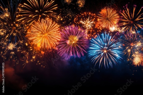 A fireworks display with a variety of colors and shapes. The fireworks are lit up in the dark sky, creating a festive and celebratory atmosphere