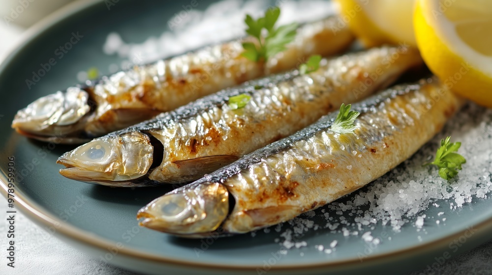 Dos anchoas frescas y brillantes descansan en sal blanca, resaltando su espléndido color plateado. Dos anchoas frescas y brillantes descansan en sal blanca, resaltando su espléndido color plateado.
