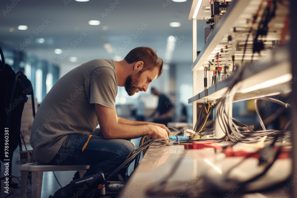The male electrician repairing colored electrical wires The male electrician repairing colored electrical wires