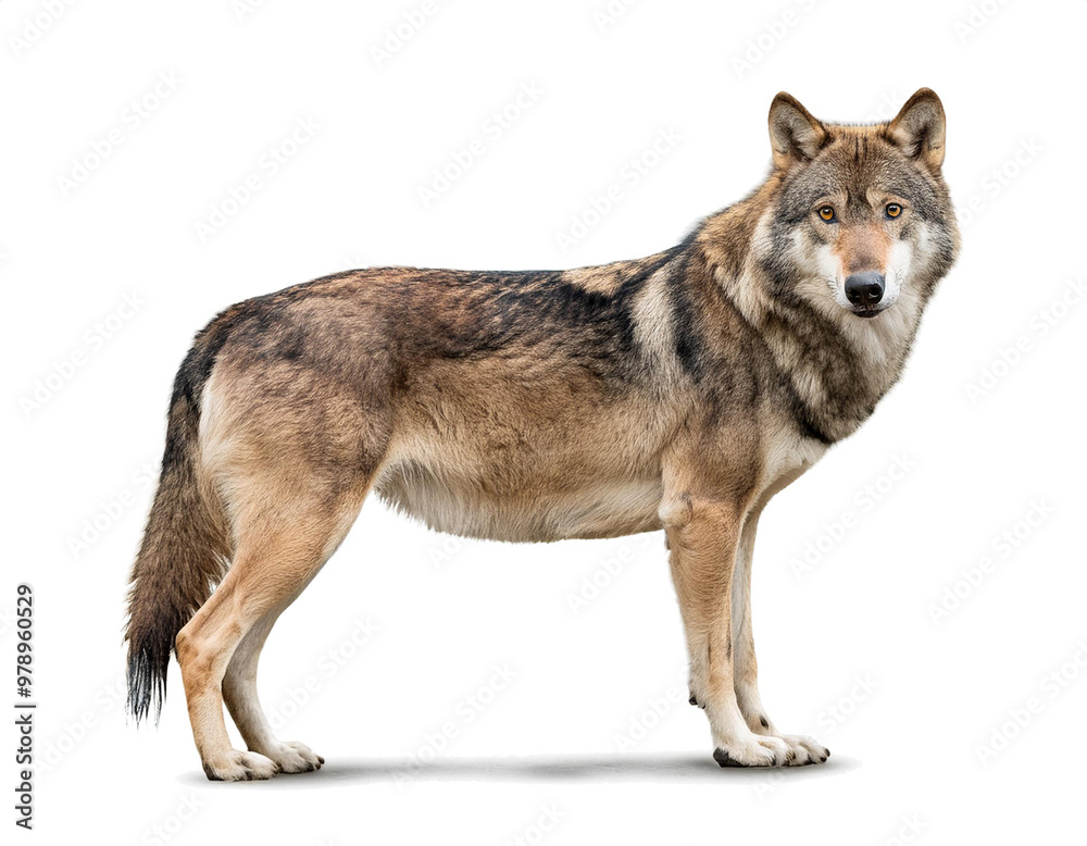 Fototapeta premium Wolf stehend isoliert auf weißen Hintergrund, Freisteller