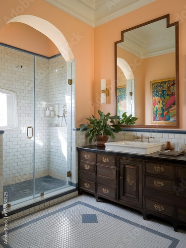 Stylish bathroom of a rustic and modern villa
