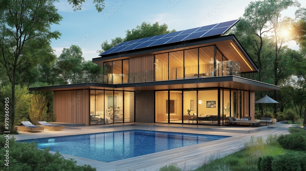 Modern Eco-Friendly Home with Solar Panels Overlooking a Pool Modern Eco-Friendly Home with Solar Panels Overlooking a Pool