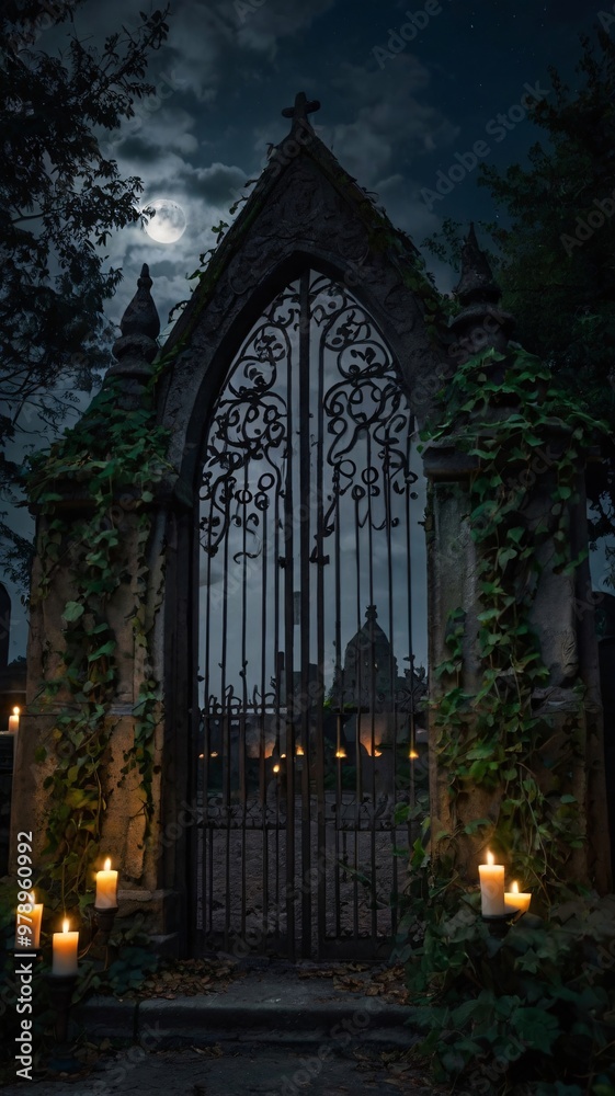 A tall, gothic-style graveyard gate covered in vines A tall, gothic-style graveyard gate covered in vines