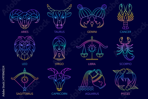 Collection of zodiac signswitg gradient colors on dark background.