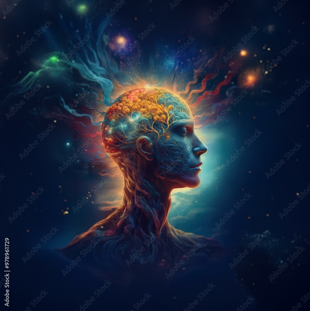 A human head with a glowing tree growing out of it, surrounded by swirling cosmic dust. A human head with a glowing tree growing out of it, surrounded by swirling cosmic dust.