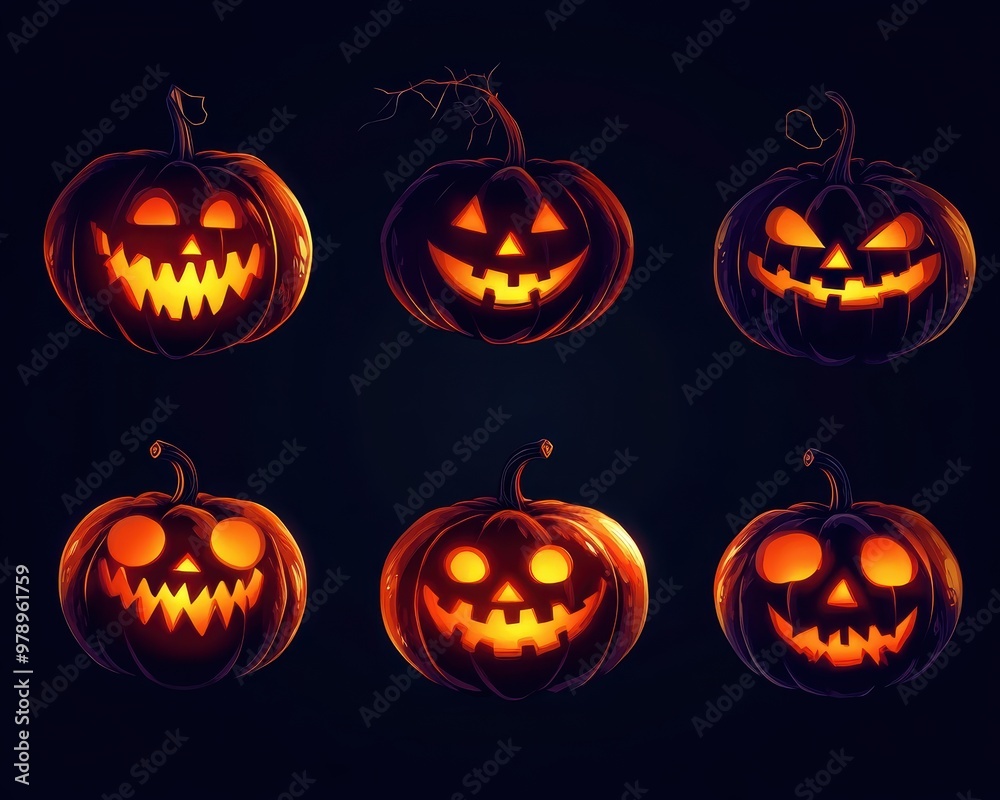A set of six pumpkins with glowing eyes and mouths. The pumpkins are arranged in a row, with some of them facing left and others facing right. Scene is spooky and Halloween-themed A set of six pumpkins with glowing eyes and mouths. The pumpkins are arranged in a row, with some of them facing left and others facing right. Scene is spooky and Halloween-themed