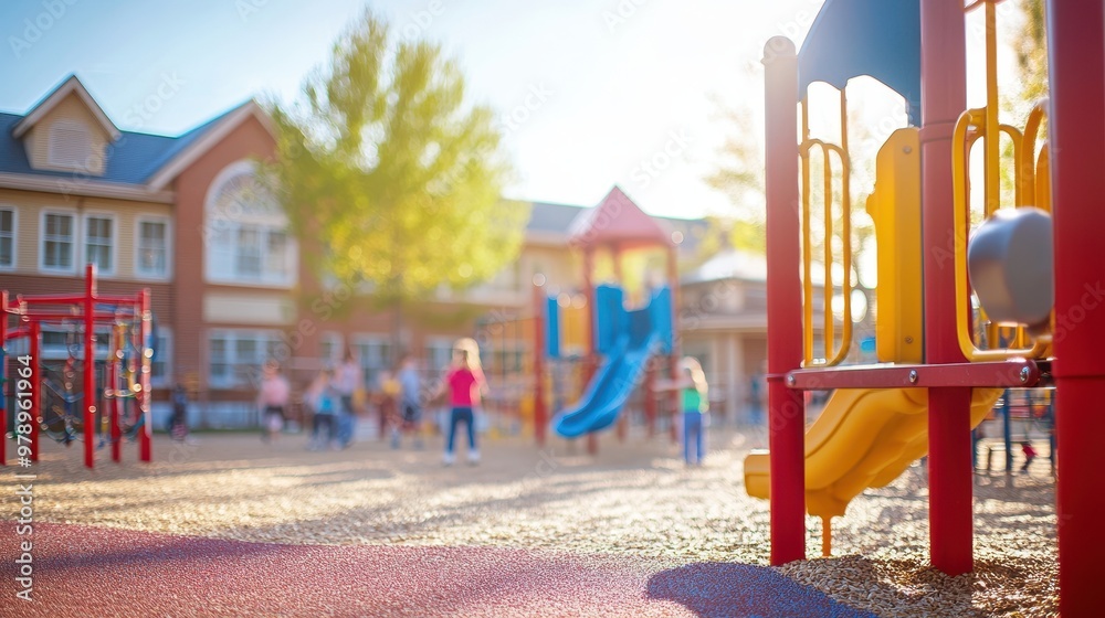 Fototapeta premium A colorful playground with slides and climbing structures, filled with children playing.
