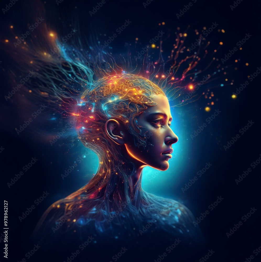 A woman's head with glowing lines flowing outwards, like a galaxy in her mind. A woman's head with glowing lines flowing outwards, like a galaxy in her mind.