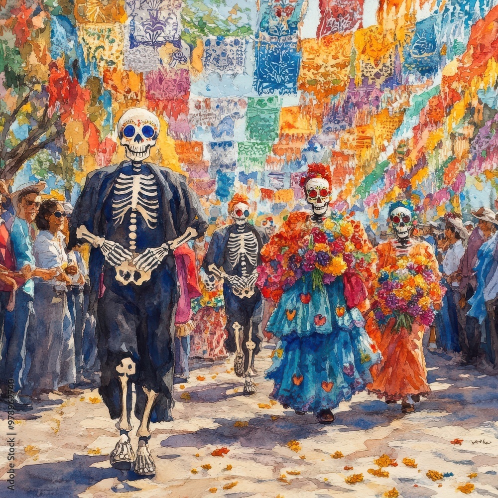 Day of the Dead Celebration Watercolor Illustration with Skeletons and Flowers Day of the Dead Celebration Watercolor Illustration with Skeletons and Flowers