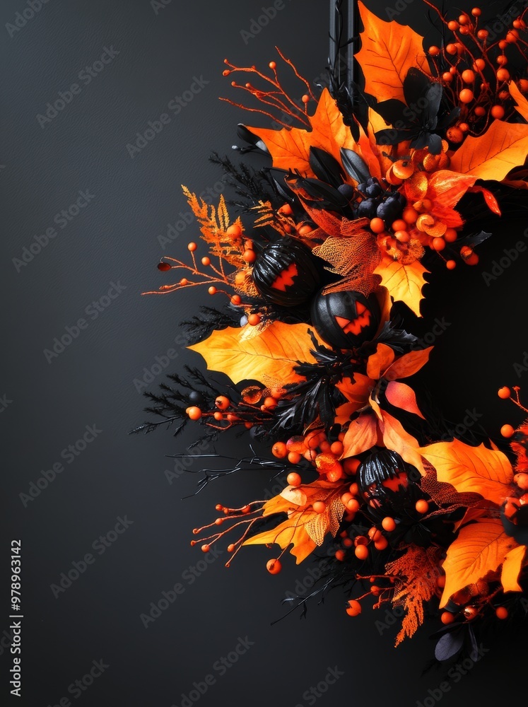 A wreath with orange and black leaves and black pumpkins. The wreath is hanging on a wall A wreath with orange and black leaves and black pumpkins. The wreath is hanging on a wall
