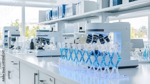 Modern Laboratory Interior with Microscope and DNA Model