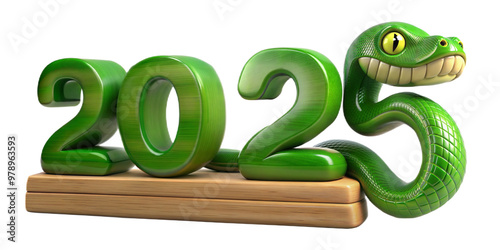 3D. A green wooden snake, numbers new year 2025 on white isolated background.