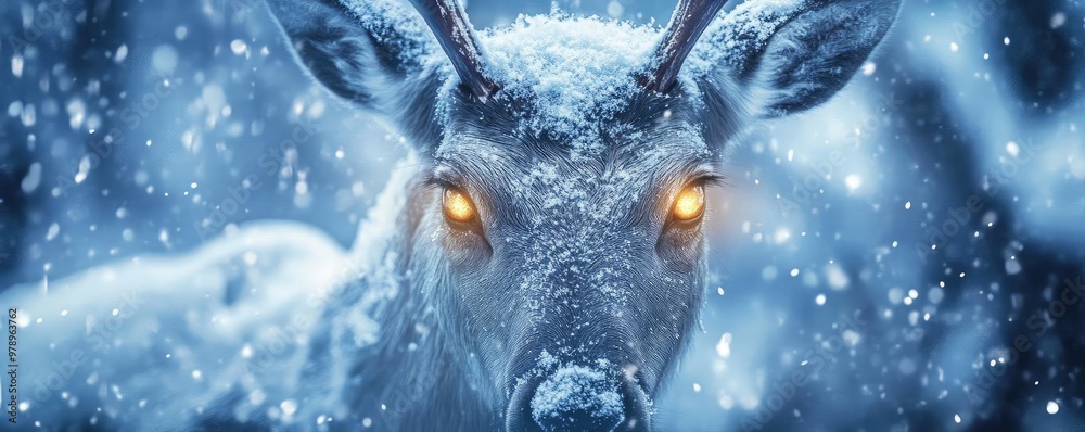 A close-up of a majestic deer illuminated by soft, glowing eyes in a snowy landscape, evoking a serene winter atmosphere. A close-up of a majestic deer illuminated by soft, glowing eyes in a snowy landscape, evoking a serene winter atmosphere.