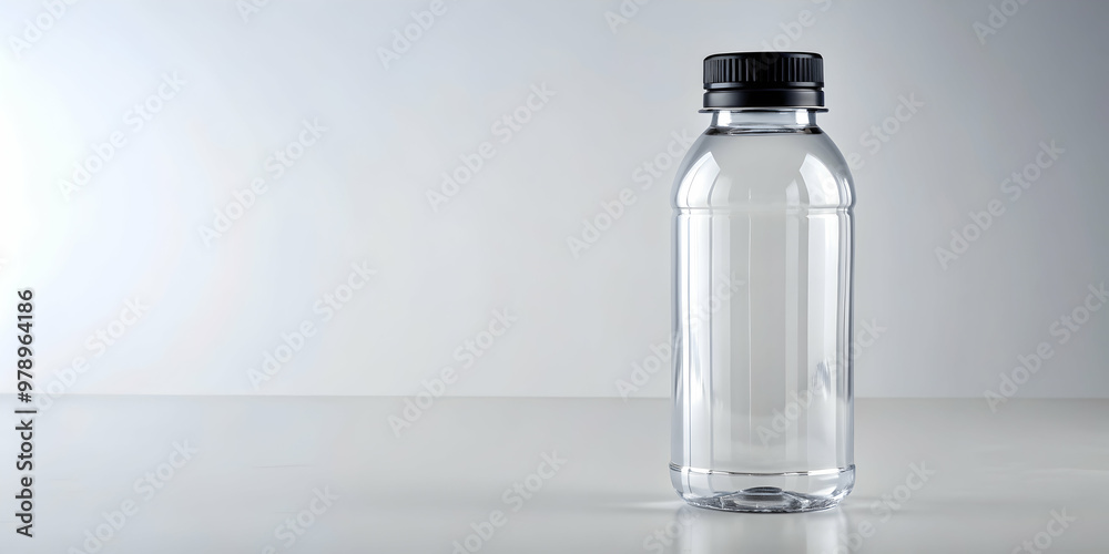 Clear plastic bottle with black cap, perfect for beverage storage and on-the-go use, , sleek, minimalist, versatile, clear Clear plastic bottle with black cap, perfect for beverage storage and on-the-go use, , sleek, minimalist, versatile, clear