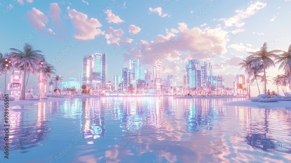 Fototapeta premium Futuristic City Skyline with Palm Trees and Pink Sky