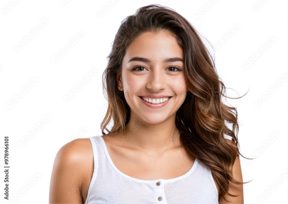 Young Uruguayan woman happy and smiling on white background Young Uruguayan woman happy and smiling on white background