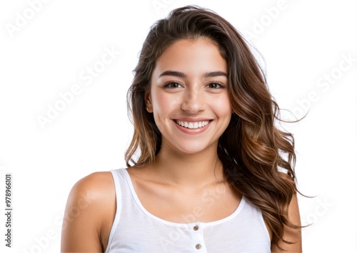 Young Uruguayan woman happy and smiling on white background