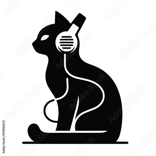 cat listening to a song in headphones silhouette on a white background
