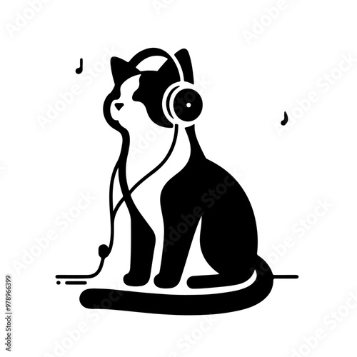 cat listening to a song in headphones silhouette on a white background